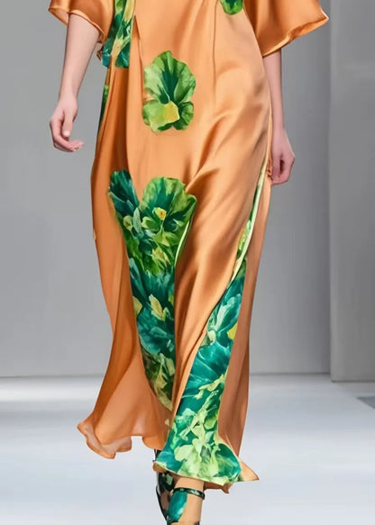 Classy Brown Print Draping Silk Maxi Dresses Half Sleeve