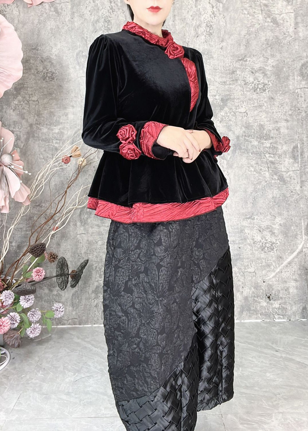 Green Patchwork Silk Velour Two Piece Set Spring