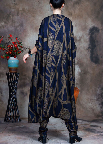 Blue Loose Print Asymmetrical Design Fall Two Pieces Set Long Sleeve