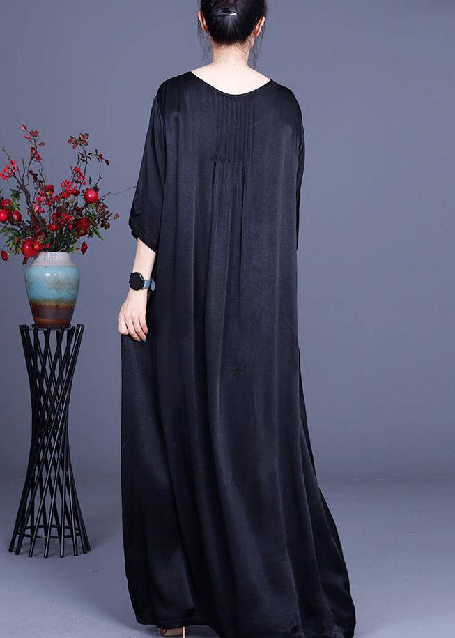 Fine Black Patchwork Print O-neck Silk Summer Dresses