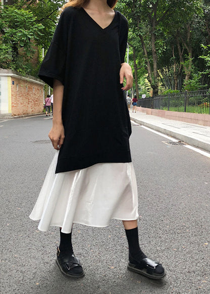 Black V Neck Patchwork Cotton Dress Short Sleeve