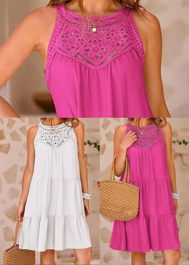 Rose Patchwork Cotton Mini Dress Hollow Out Sleeveless