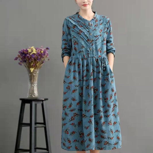 Blue Pockets Print Loose Fall Maxi Dress Long Sleeve