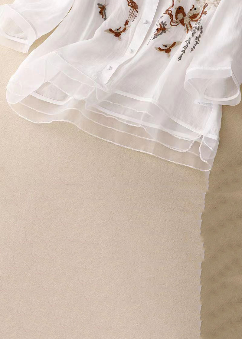 White V Neck Patchwork Cotton Shirt Top Spring