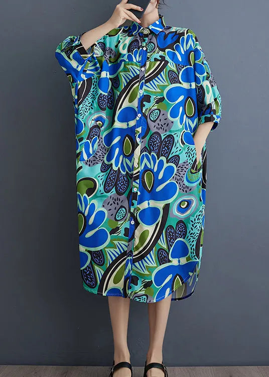 Unique Blue Peter Pan Collar Print Cotton Shirts Dresses Summer