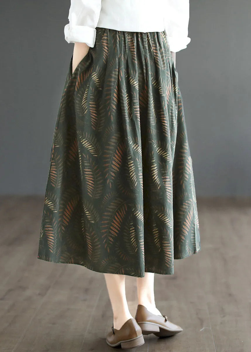 Unique Green Wrinkled Patchwork Print Cotton Skirts Spring
