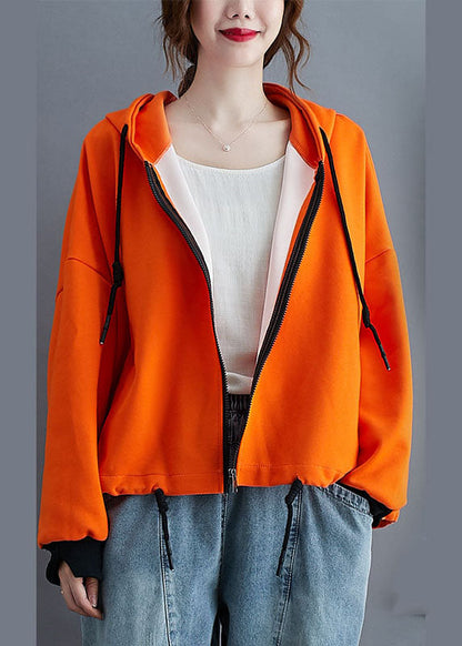 Unique Orange Hooded Zippered Drawstring Fall Jacket Long Sleeve