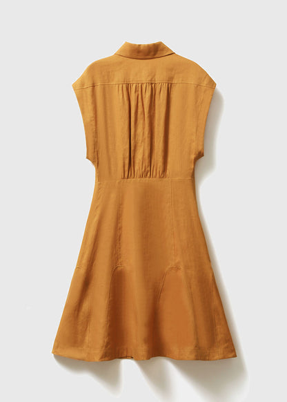 Art Yellow Peter Pan Collar Patchwork Wrinkled Linen Maxi Dresses Sleeveless
