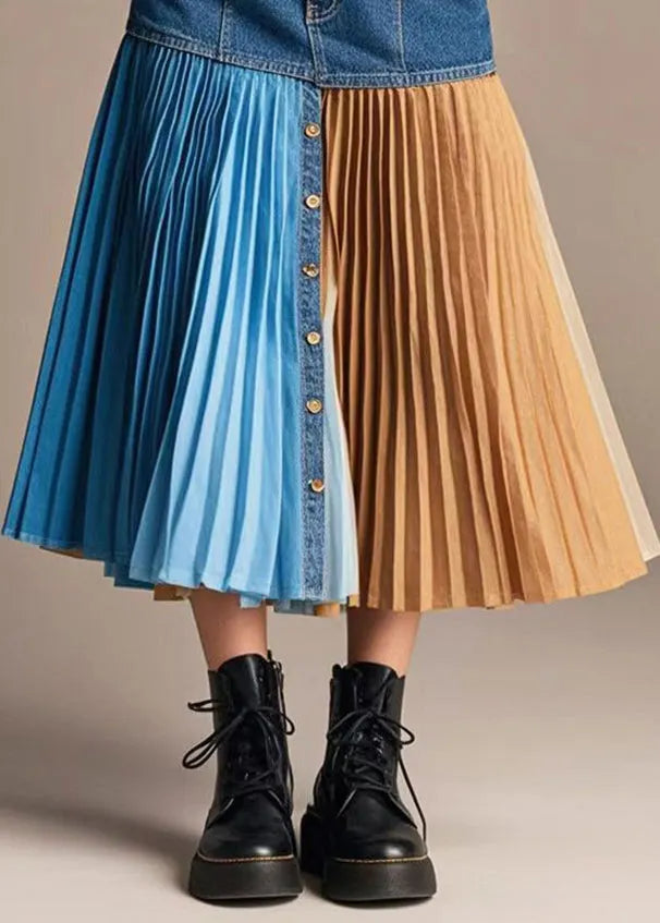 French Navy Asymmetrical Patchwork Denim Pleated Skirt Spring