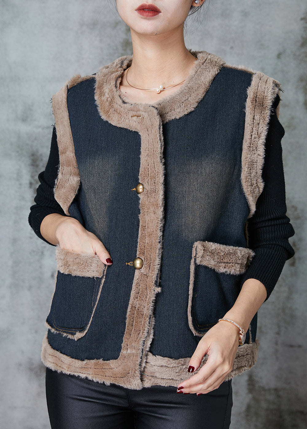 Grey Pockets Patchwork Warm Fleece Denim Vests Spring