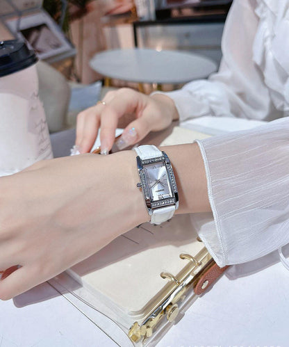 Brief White Leather Zircon Square Watches