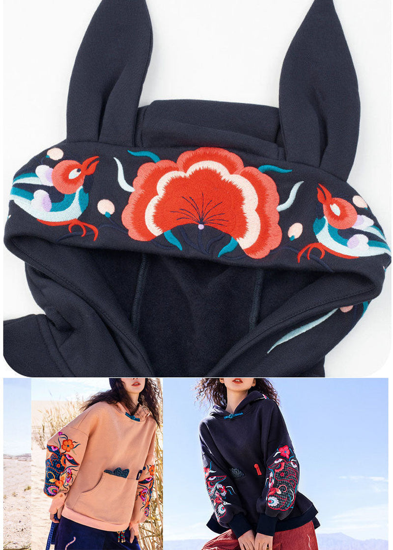 Diy Black Embroideried Pockets Warm Fleece Pullover Spring