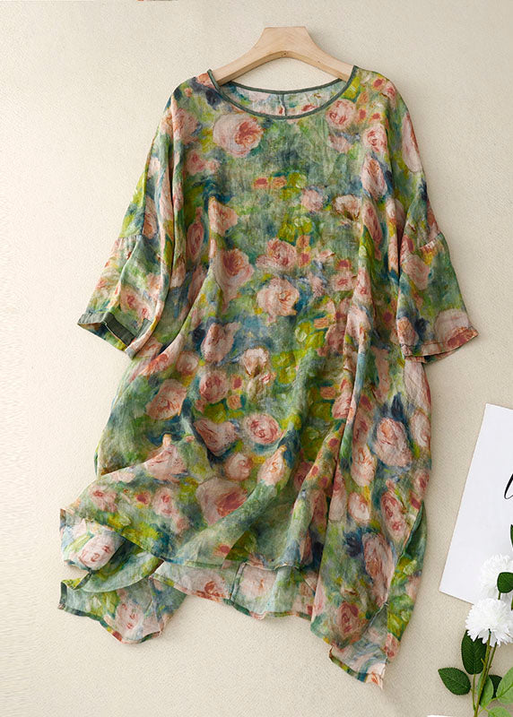 Green O Neck Print Patchwork Linen Mid Dress Bracelet Sleeve Summer
