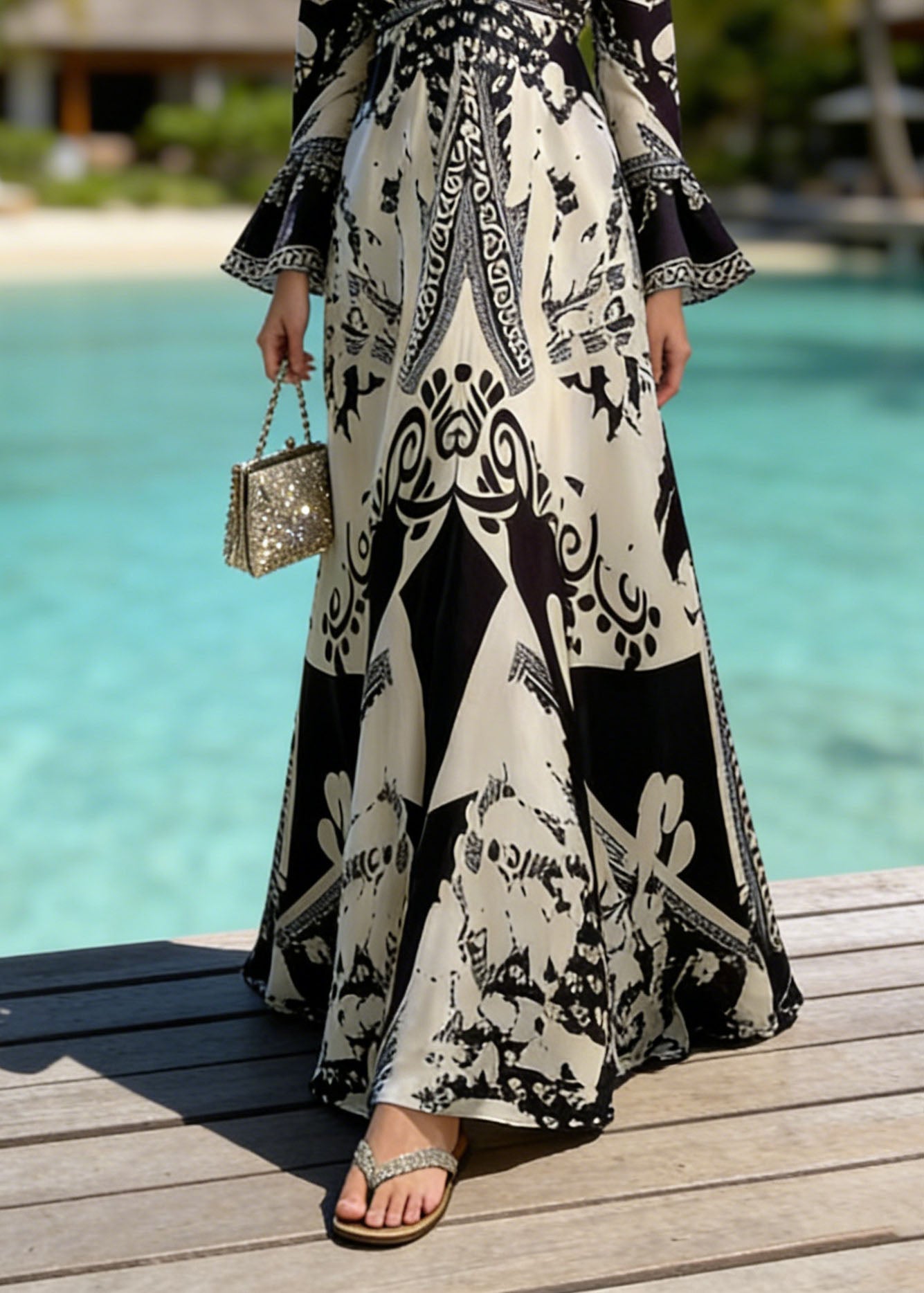 Black V Neck Print Holiday Dress Flare Sleeve