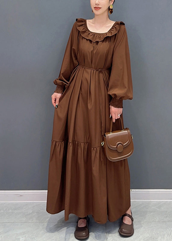 Blue O-neck Patchwork Long Dress Lantern Sleeve