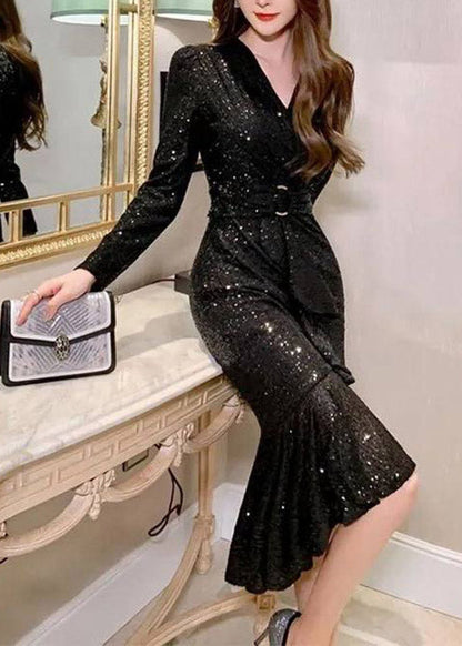 Dinner Black V Neck Sequins Tunic Maxi Dresses Spring