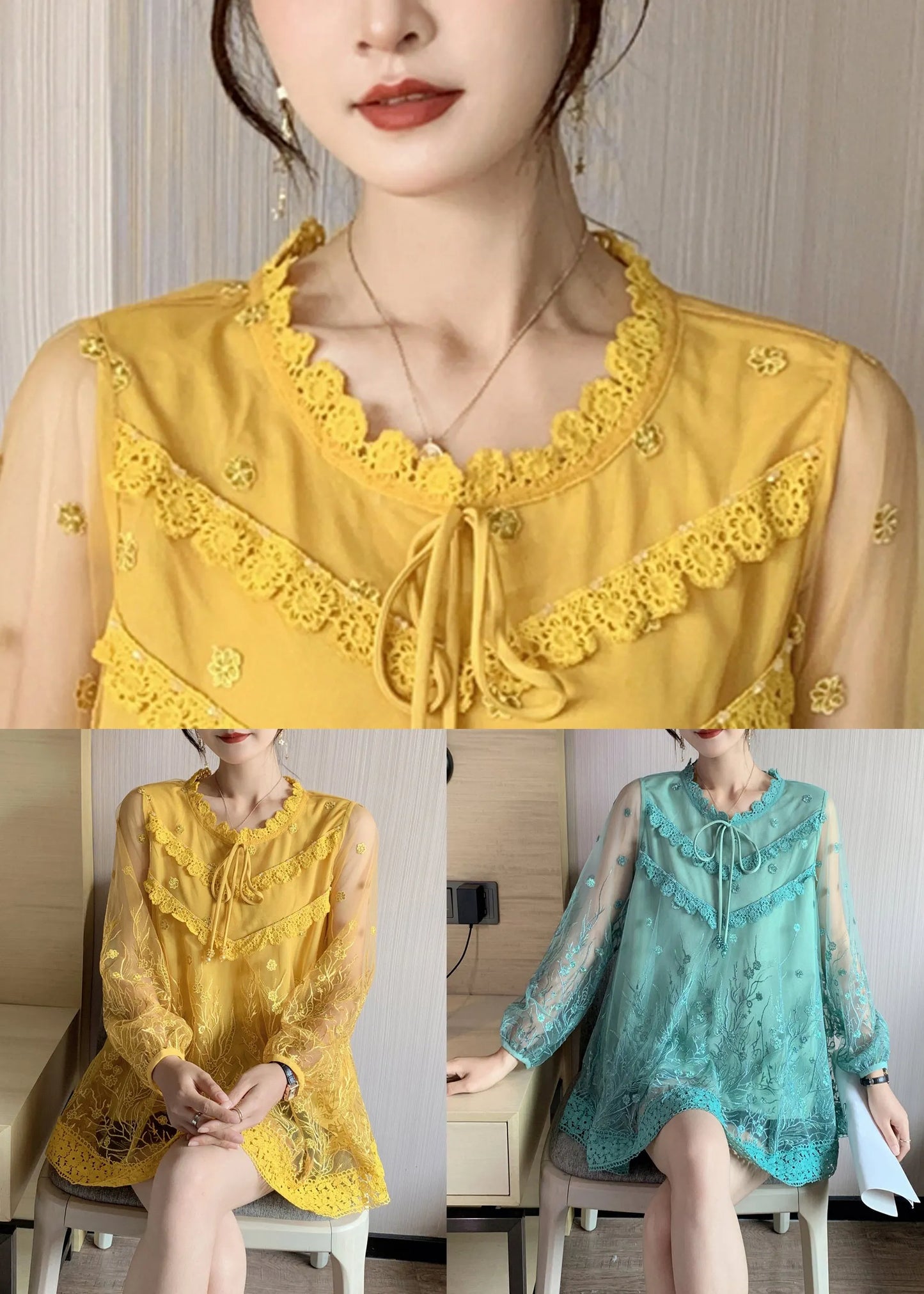 Green Lace Up Patchwork Lace Tops O Neck Long Sleeve