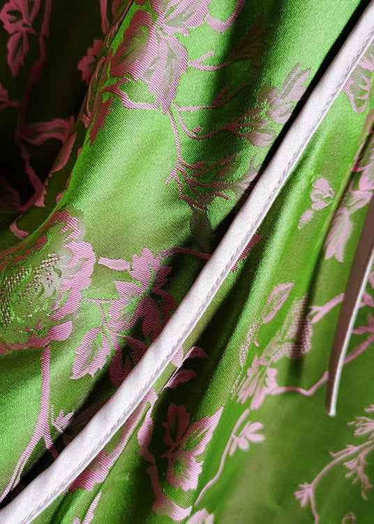 Green Stand Collar Patchwork Jacquard Silk Tops Spring