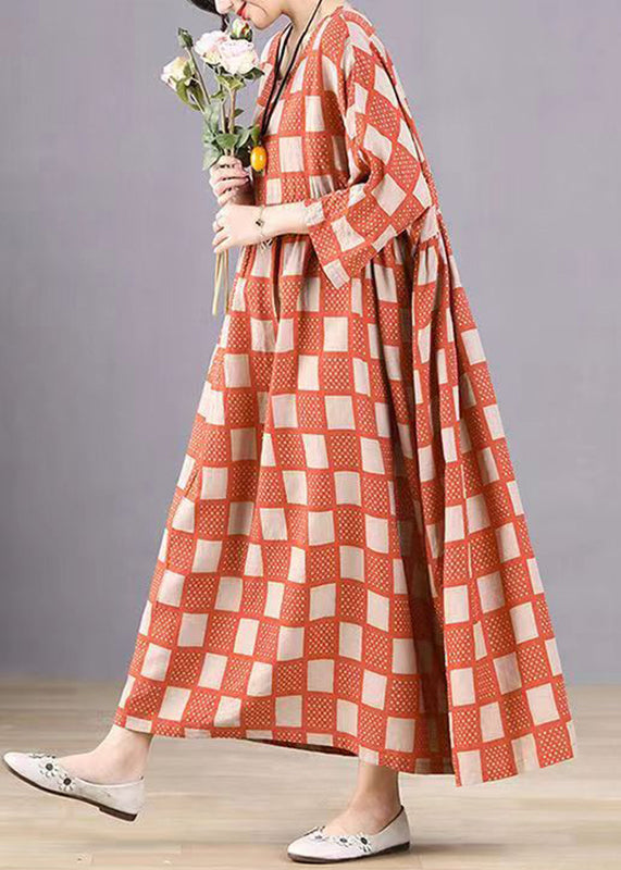 Style Orange O-neck Plaid Print Wrinkled Maxi Dresses Bracelet Sleeve