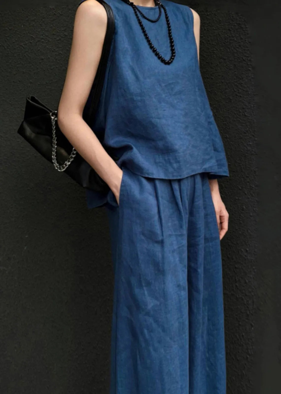 Blue Linen Vest and Wide Leg Pants Two Pieces Set Sleeveless