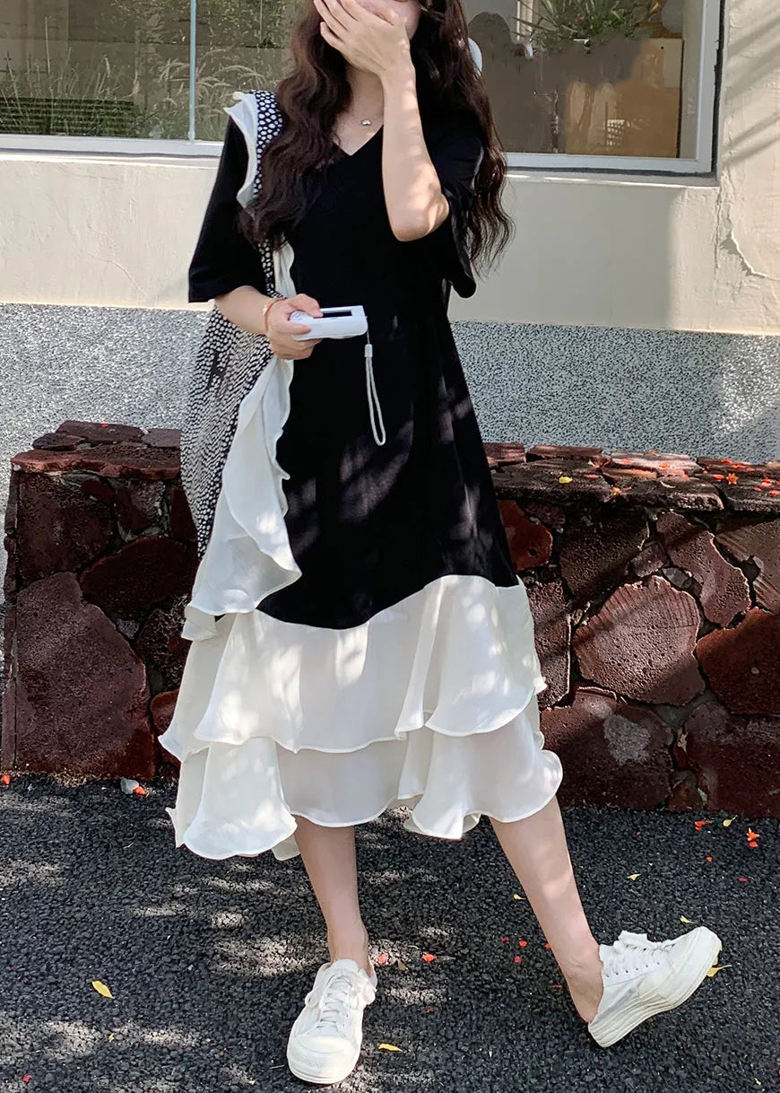 New Black V Neck Ruffled Patchwork Cotton Long Dresses Summer