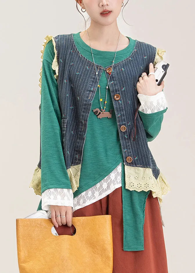 Stylish Denim Blue Lace Patchwork Embroidered Waistcoat and Top Two Pieces Set Fall