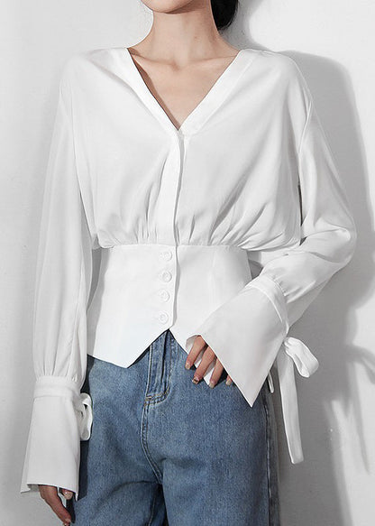 Original Design White V Neck Tunic Cotton Shirts Long Sleeve Spring