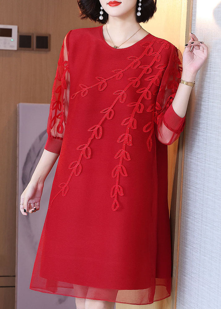 Stylish Red Embroideried Tulle Mid Dress Bracelet Sleeve
