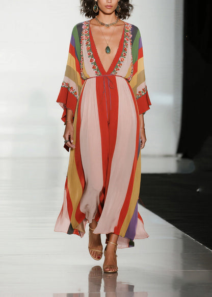 Colorblock V Neck Print Chiffon Holiday Dress Summer