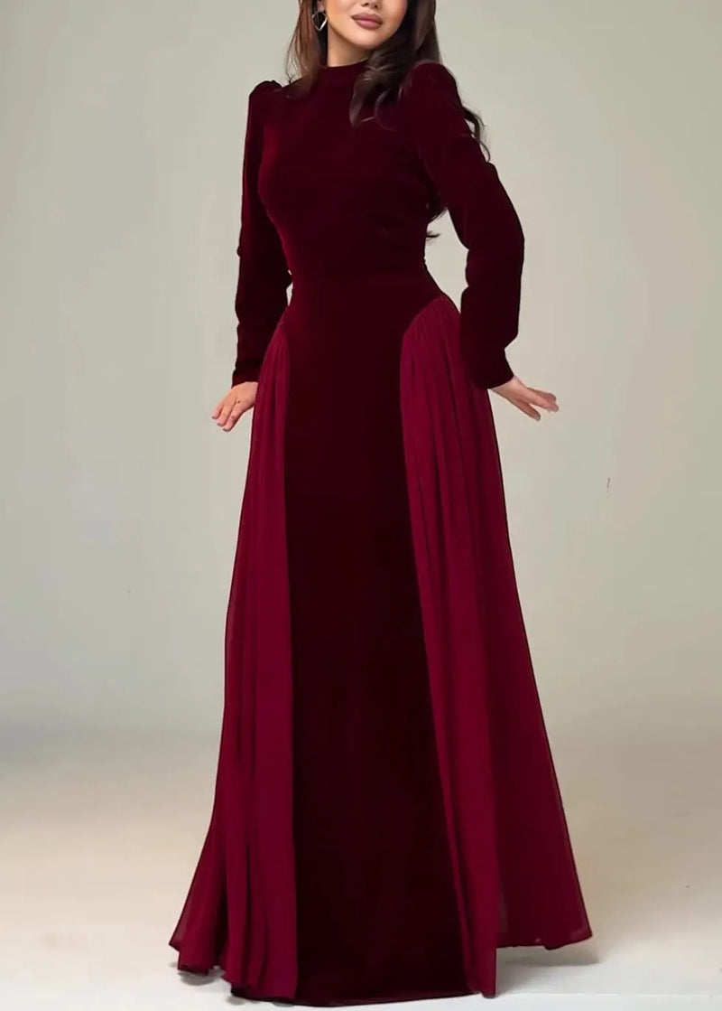 Wine Red Chiffon Patchwork Velour Long Dresses Tie Waist