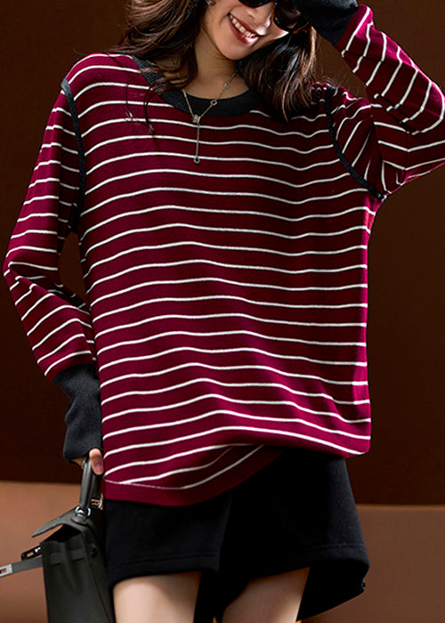 Wine Red Striped Patchwork Cotton Knit Tops Spring