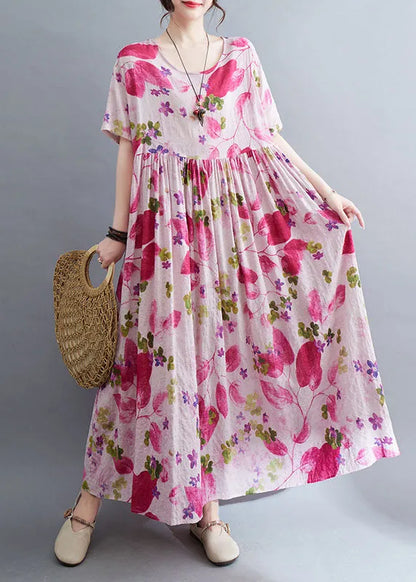 Rose O-neck Print Wrinkled Maxi Dresses Short Sleeve