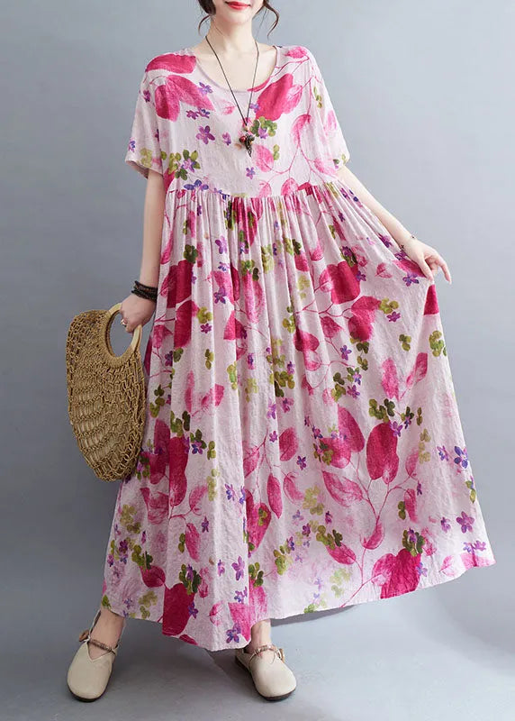 Rose O-neck Print Wrinkled Maxi Dresses Short Sleeve