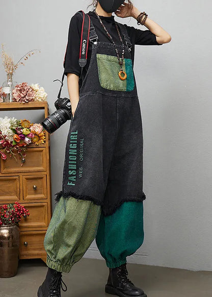 Black Asymmetrical Pocket Cotton Denim Jumpsuit Spring
