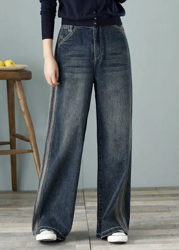 Loose Denim Blue High Waist Pockets Cotton Wide Leg Pants for Spring