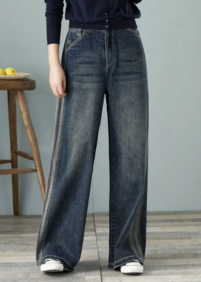 Loose Denim Blue High Waist Pockets Cotton Wide Leg Pants for Spring