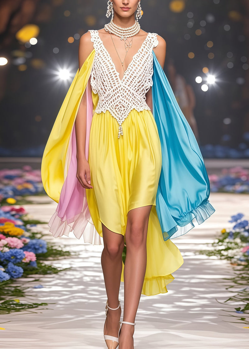 Fine Yellow Asymmetrical Patchwork Cold Shoulder Party Dress Summer
