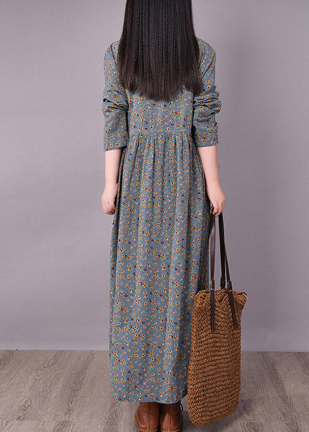 Art O-neck Print Button Wrinkled Tie Waist Dresses Long Sleeve