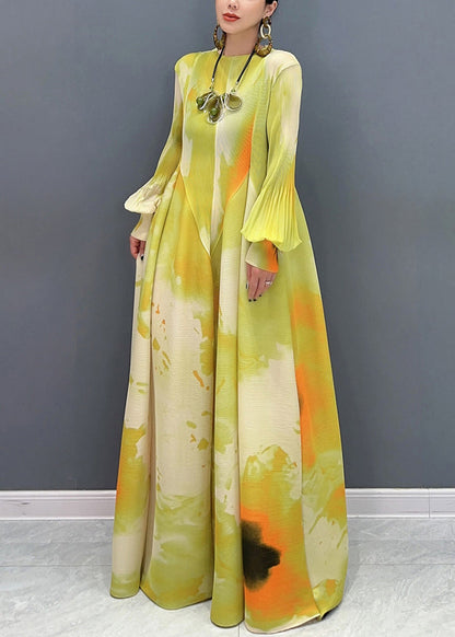 Diy Orange Turtleneck Print Patchwork Vacation Long Dresses Lantern Sleeve