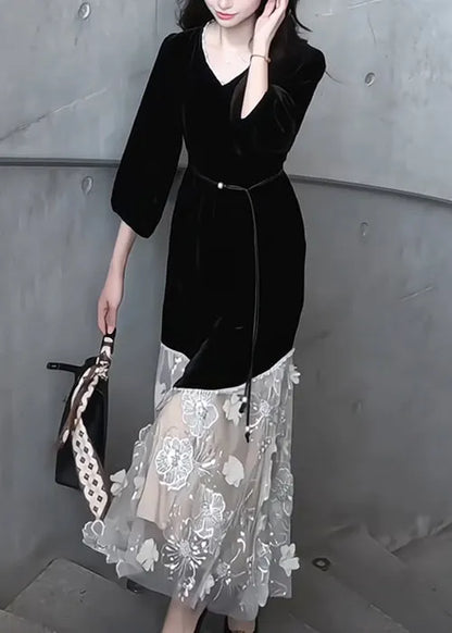 Handmade Black V Neck Tulle Patchwork Silk Velvet Long Dress Bracelet Sleeve