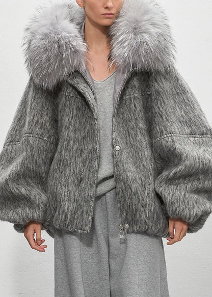 Grey Fur Collar Zippered Duck Down Puffer Coat Winter