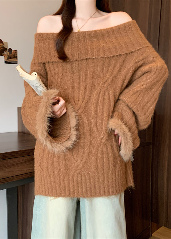 Brown Cold Shoulder Patchwork Faux Fur Knitted Tops Winter