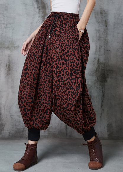 Brick Red Oversized Leopard Print Warm Fleece Lantern Pants Spring