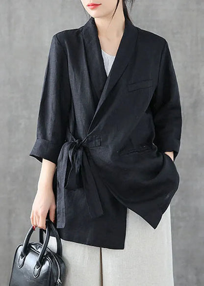 Black Asymmetrical Design Pockets Linen Coats Long Sleeve