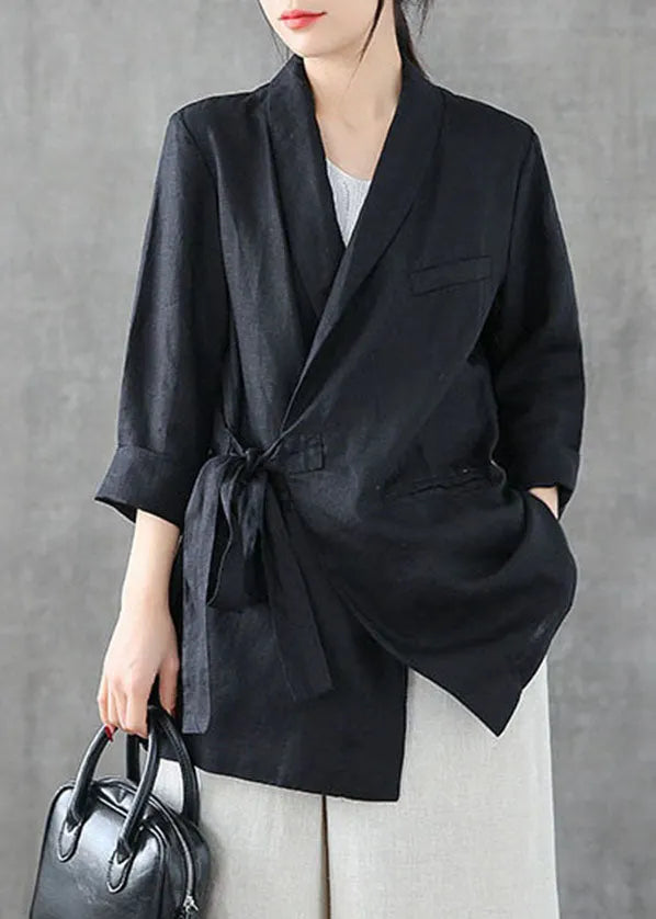 Black Asymmetrical Design Pockets Linen Coats Long Sleeve