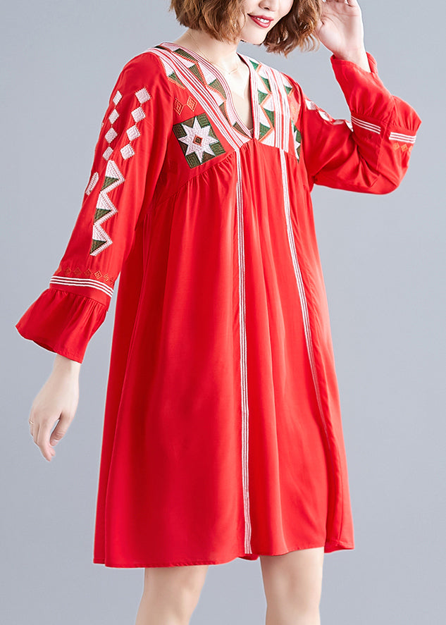 Red Loose Beach Dresses Wrinkled Flare Sleeve