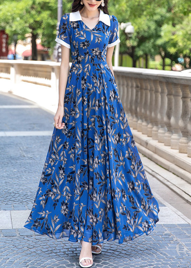 Blue Peter Pan Collar Print Wrinkled Chiffon Long Dress Summer