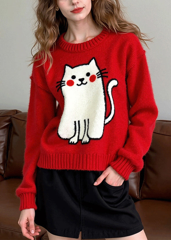 Red Embroidered Cat Knit Pullover Winter