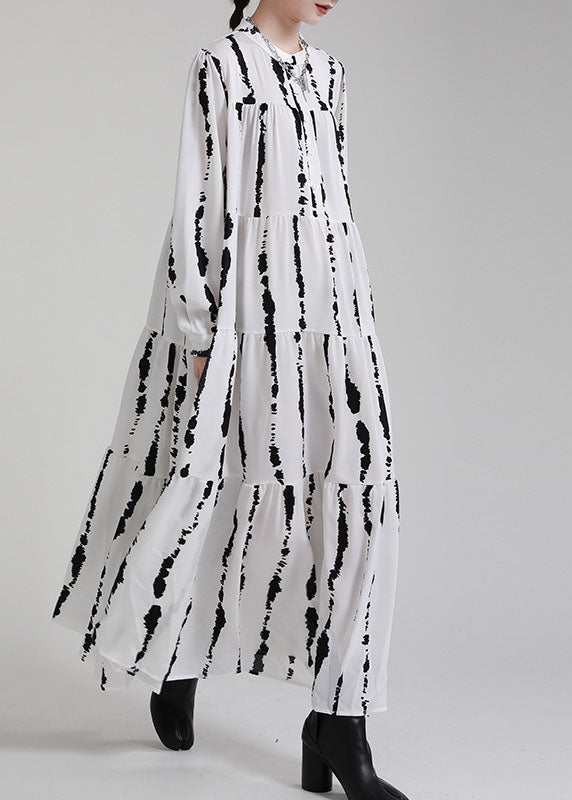 Boutique White Print Patchwork Asymmetrical Design Fall Vacation Dresses Long Sleeve