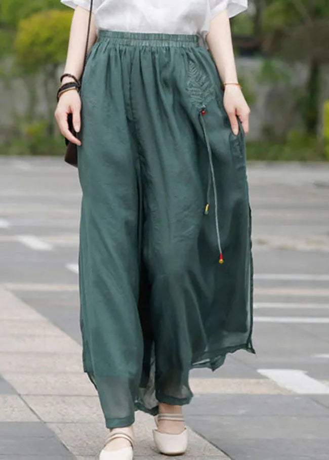 Army Green Linen Pants Side Open Drawstring Spring